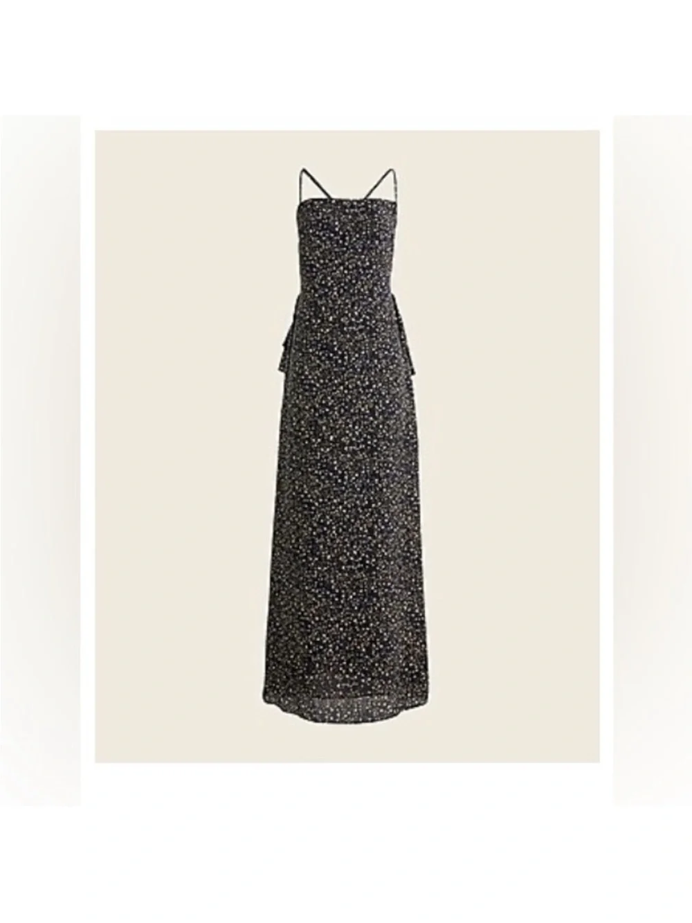 J Crew Spaghetti Strap Ruffle Back Black Silk Star Maxi Dress
